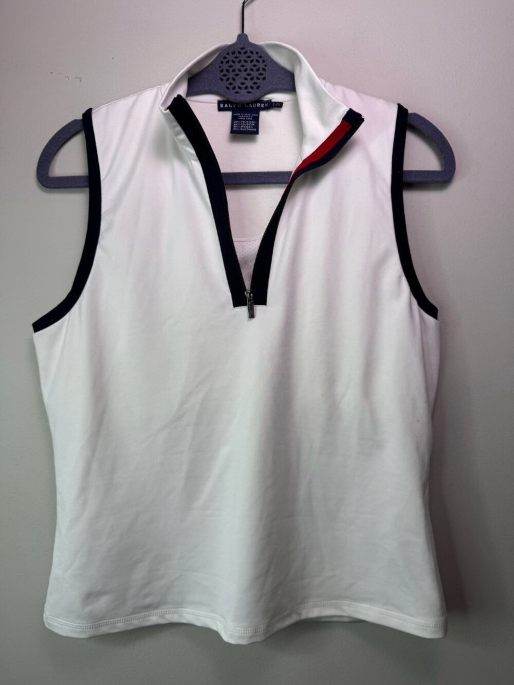 Ralph Lauren Women 1/4 Zip Sleeveless Air Technology White Blue Golf Polo L